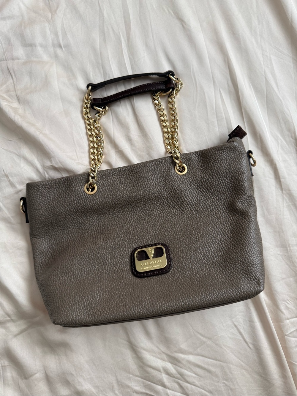 Taupe Leather Chain-Handle Tote